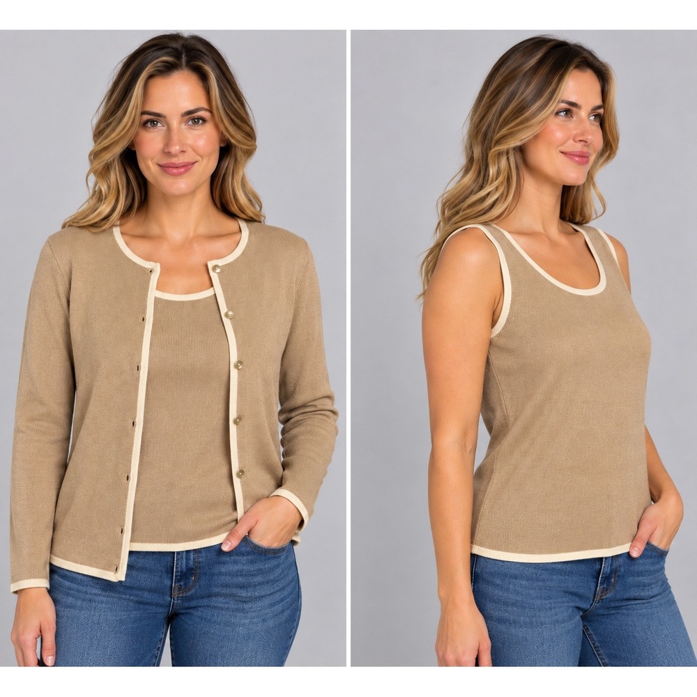 Sutton Studio Womens XL Tan Cream Cotton Blend Cardigan and Tank Sweater Set